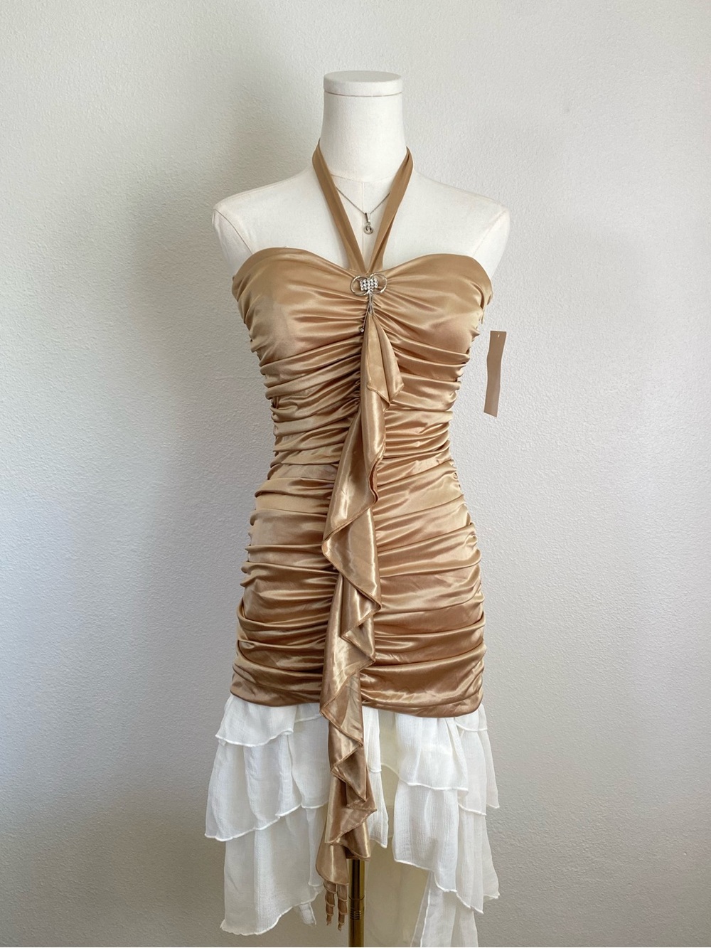 Vintage Y2K Kiki USA Gold Halter Dress Size Small Ruched Satin Bodice Fairy